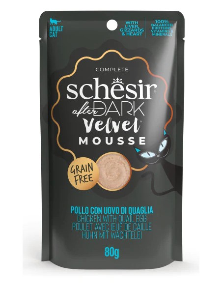SCHESIR AFTER DARK VELVET MOUSSE POLLO Y HUEVO DE CODORNIZ EN PATÉ PARA GATOS (12 UNIDADES) - 12 X 80 GR 12 X 80 GR - 2