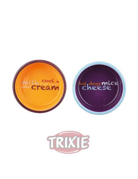 TRIXIE SET COMEDEROS CERÁMICA IMPRESOS CATS AZUL / NARANJA / PÚRPURA 2 X Ø12 CM / 300 ML - 3