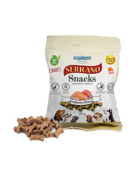 MEDITERRANEAN NATURAL SERRANO SNACKS SALMÓN Y ATÚN PARA PERROS - 85 GR 1 UNIDAD PACK 25 UNIDADES
