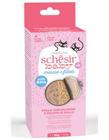 SCHESIR BABY DOBLE TEXTURE MOUSSE&FILETES POLLO CON SALMON Y HIGADO POLLO PARA GATITOS (3 UNIDADES) - 3 X 55 GR 3 X 55 GR - 2