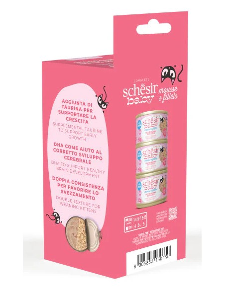 SCHESIR BABY DOBLE TEXTURE MOUSSE&FILETES POLLO CON SALMON Y HIGADO POLLO PARA GATITOS (3 UNIDADES) - 3 X 55 GR 3 X 55 GR - 4