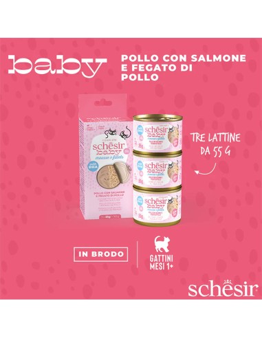 SCHESIR BABY DOBLE TEXTURE MOUSSE&FILETES POLLO CON SALMON Y HIGADO POLLO PARA GATITOS (3 UNIDADES) - 3 X 55 GR 3 X 55 GR - 5