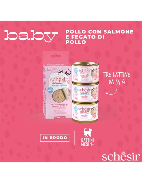 SCHESIR BABY DOBLE TEXTURE MOUSSE&FILETES POLLO CON SALMON Y HIGADO POLLO PARA GATITOS (3 UNIDADES) - 3 X 55 GR 3 X 55 GR - 5