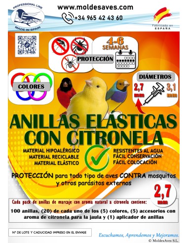 MOLDES AVE ANILLAS DE MARCAJE CON CITRONELA ANTIPARÁSITOS PARA SILVESTRES 2,7 MM - 100 UNIDADES Ø2 7 MM - 2