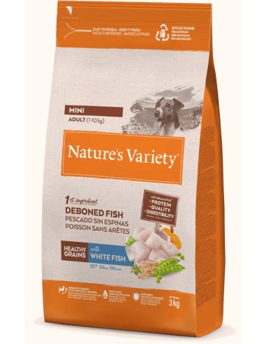 NATURES VARIETY HEALTHY GRAIN PESCADO BLANCO MINI PARA PERROS PEQUEÑOS Y TOY 3 KG 1 5 KG